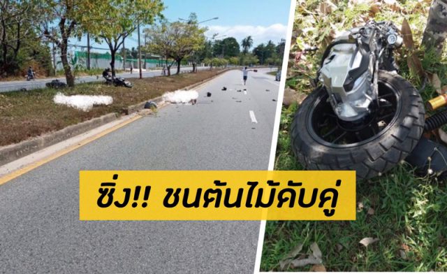 2 หนุ่มสาวชาวไทยที่ภูเก็ต ซิ่งจยย.ป้ายแดง เสียหลักชนต้นไม้เกาะกลางถนน